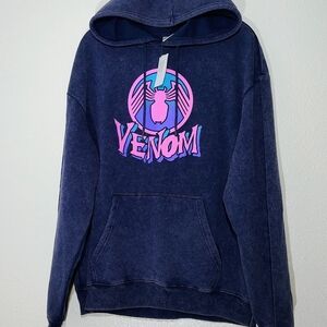 Marvel Venom Hoodie Acid Wash Navy Blue Adult Large Graphic Pullover NWT